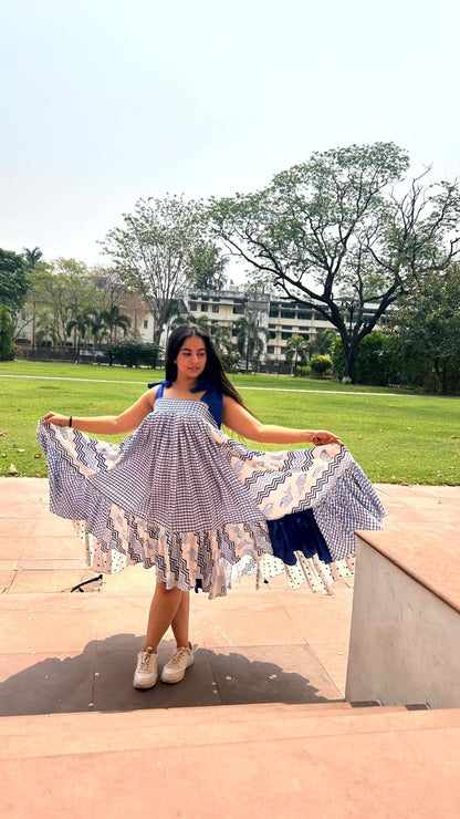 Ayesha Pattern Block Ultra Flare Handloom Cotton Dress - White | Verified Sustainable by Brown Living™