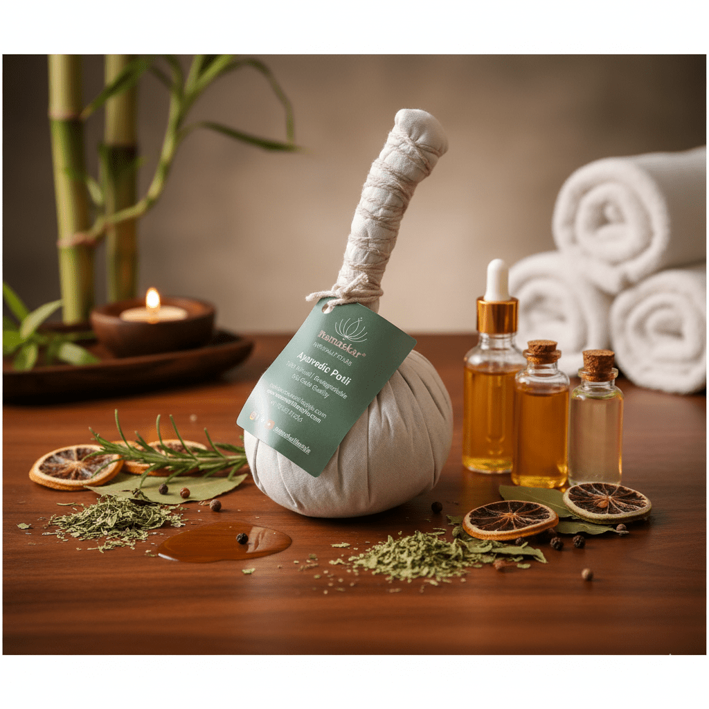 Ayurvedic Massage Potli Herbal Therapy Relaxation Bundle – Massager on Brown Living™. SKU: NAMPOTLI. Img 1.
