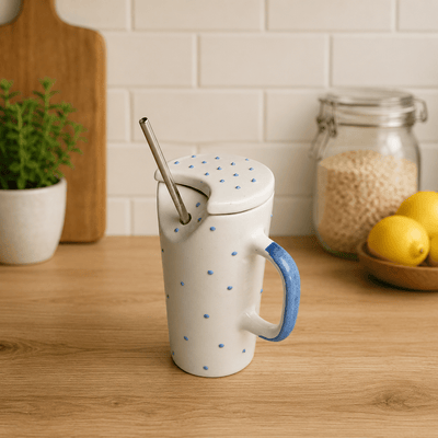 Azure Ceramic Sipper with Steel Straw | Reusable Ceramic Travel Cup – Gift Hampers on Brown Living™. SKU: RKH-17. Img 1.