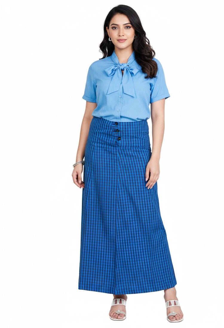 Azure Gingham Cotton Maxi Skirt – Womens Skirt on Brown Living™. SKU: SK23004. Img 1.