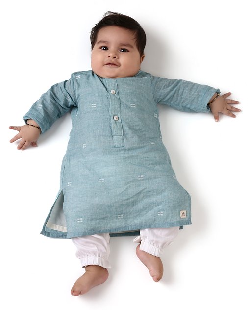 Baadal - Infant Kurta with Attached Pyjama (Onesie) in Jamdani Cotton | Verified Sustainable Kids Ethnic Sets on Brown Living™