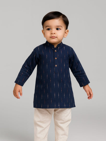 Baby Boys Blue Printed Kurta Set with Mandarin Collar (6–18 Months) – Kids Ethnic Sets on Brown Living™. SKU: BLP-KPF-BLU_6-12M. Img 2.