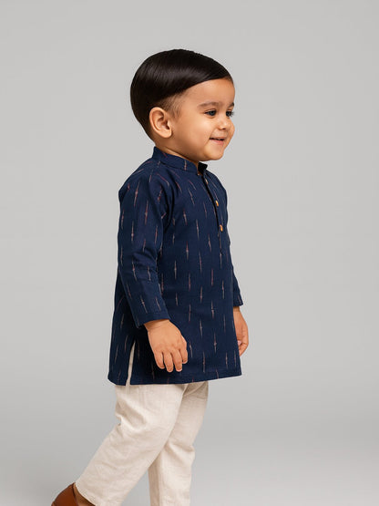 Baby Boys Blue Printed Kurta Set with Mandarin Collar (6–18 Months) – Kids Ethnic Sets on Brown Living™. SKU: BLP-KPF-BLU_6-12M. Img 4.