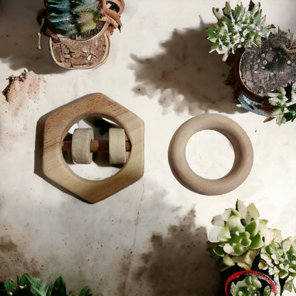 Baby Chilling Neem Wooden Rattle & Teether Set Of 2 Toys – Wooden Toys on Brown Living™. SKU: RT_HXN-RNG. Img 2.