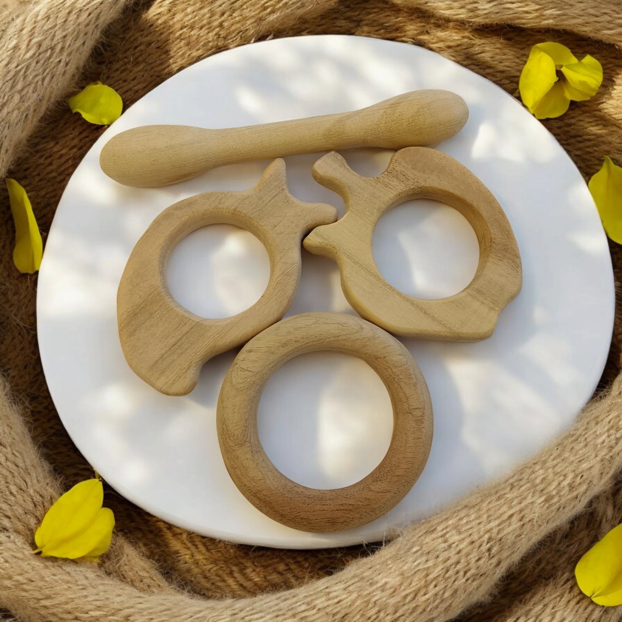 Baby Neem Wooden Teethers – Apple, Mango, Dumbbell & Ring Shapes – Baby Teethers & Soothers on Brown Living™. SKU: T_APL-MNG-DBL-RNG. Img 3.