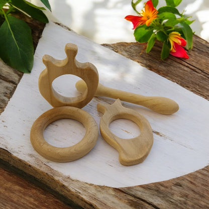 Baby Neem Wooden Teethers – Apple, Mango, Dumbbell & Ring Shapes – Baby Teethers & Soothers on Brown Living™. SKU: T_APL-MNG-DBL-RNG. Img 4.