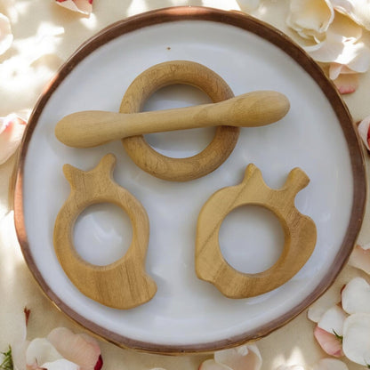 Baby Neem Wooden Teethers – Apple, Mango, Dumbbell & Ring Shapes – Baby Teethers & Soothers on Brown Living™. SKU: T_APL-MNG-DBL-RNG. Img 2.