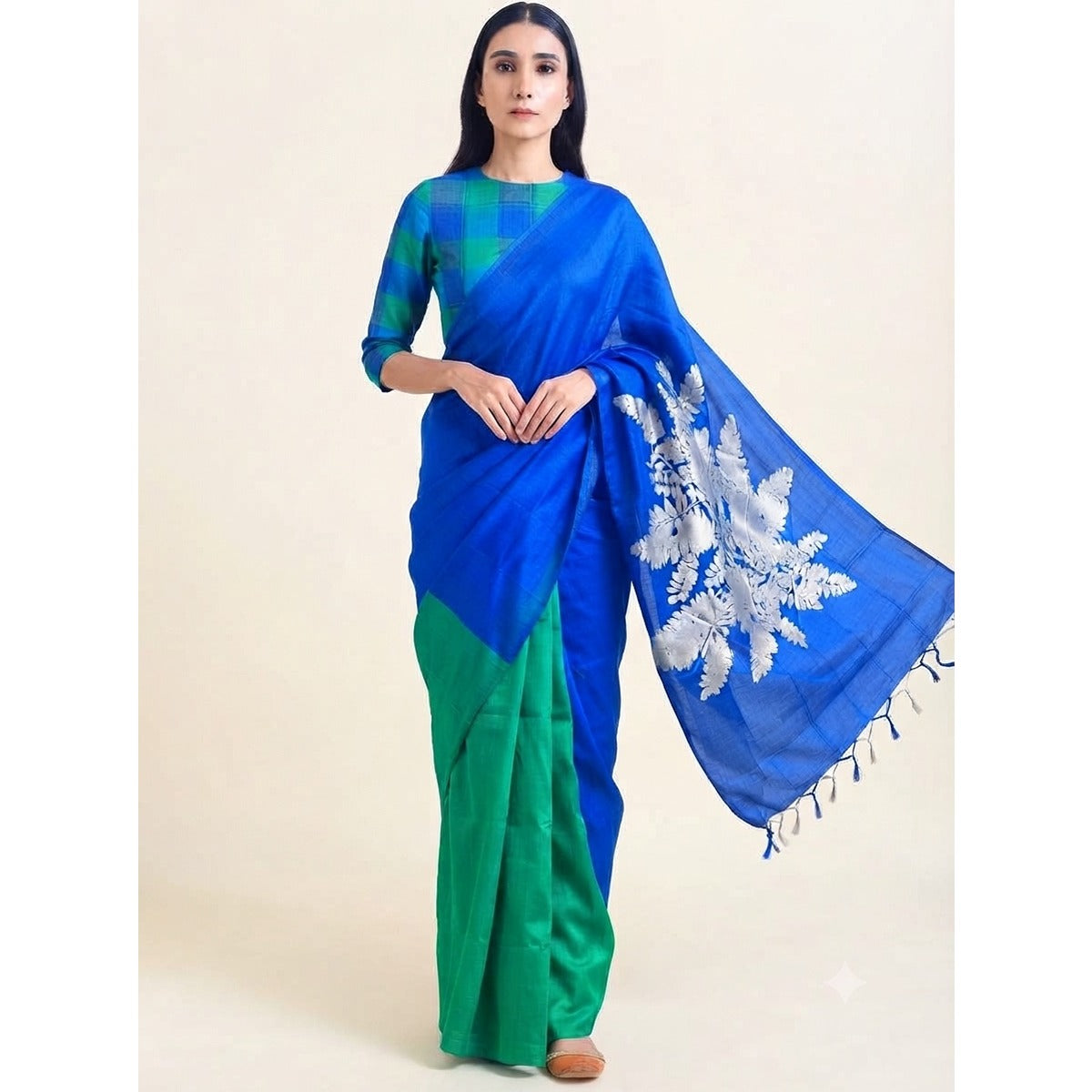 Blue Bada Patta Mulberry Silk Saree | 100% Natural Silk