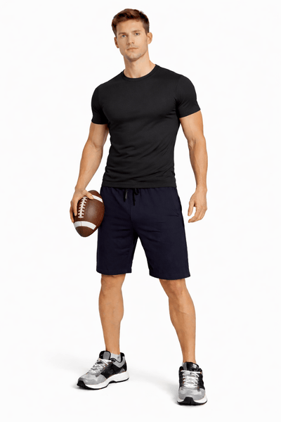 Bamboo Active Shorts For Men With Side Pockets – Mens Shorts on Brown Living™. SKU: M-KNEE-SHORT-NAVY-M. Img 10.
