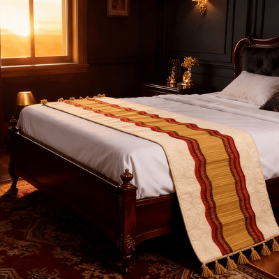 Bamboo Bed Mat Snowflake Weave with Muga Gold – Natural Comfort – Bed Linens on Brown Living™. SKU: SK-BDM-NBG-03-JBG. Img 1.