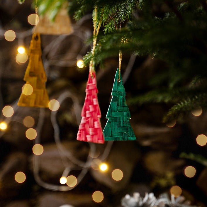Bamboo Christmas Tree Hanging | Handmade Festive Ornaments | Set of 5 – Home Decor on Brown Living™. SKU: OBDE-558. Img 2.