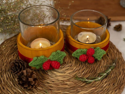 Bamboo & Crochet Holly Tea Light Holder | Handcrafted Christmas Decor – Home Decor on Brown Living™. SKU: TL-770. Img 1.