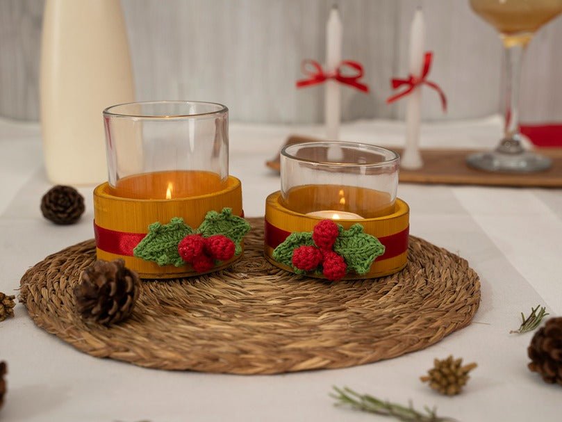 Bamboo & Crochet Holly Tea Light Holder | Handcrafted Christmas Decor – Home Decor on Brown Living™. SKU: TL-770. Img 10.