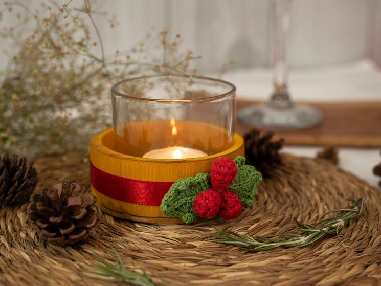 Bamboo & Crochet Holly Tea Light Holder | Handcrafted Christmas Decor – Home Decor on Brown Living™. SKU: TL-770. Img 16.