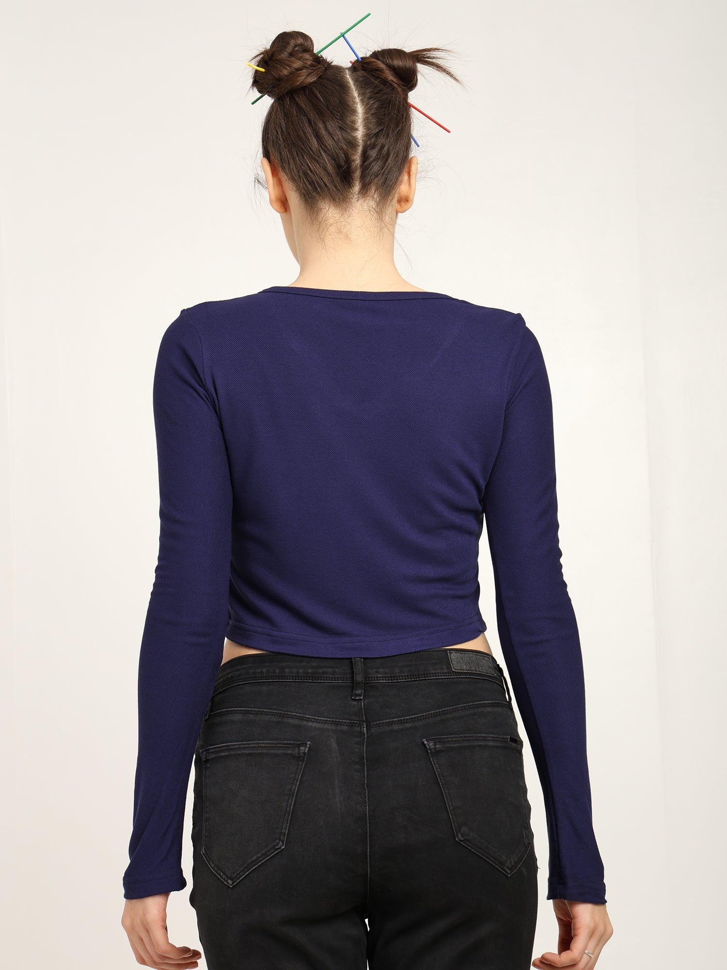 Bamboo Crop Top With Bell Sleeves Trendy Gen Z Fashion – Womens Top on Brown Living™. SKU: W-BELL-SLEEVE-TOP-NAVY-S. Img 2.