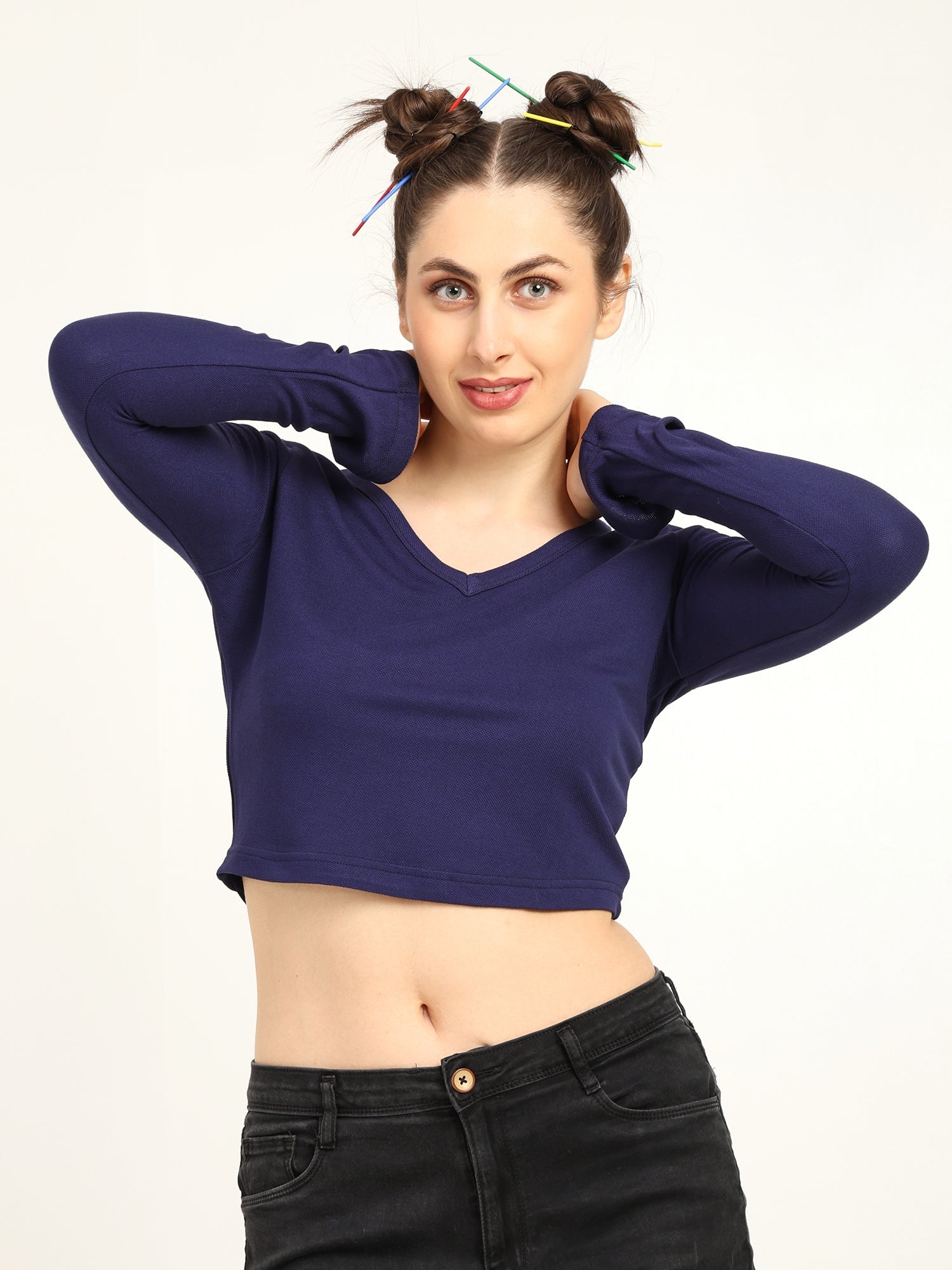 Bamboo Crop Top With Bell Sleeves Trendy Gen Z Fashion – Womens Top on Brown Living™. SKU: W-BELL-SLEEVE-TOP-NAVY-S. Img 3.