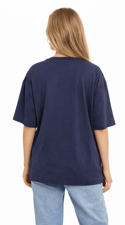 Bamboo Fabric Gen Z Oversized Printed T-Shirt – Soft Streetwear – Womens T-Shirt on Brown Living™. SKU: W-BELIEVE-OVERSIZ-NVY-M. Img 9.