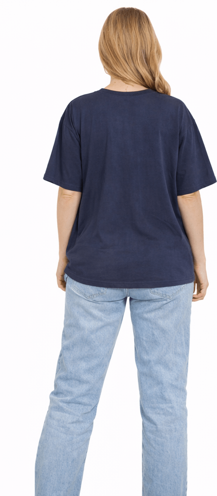 Bamboo Fabric Gen Z Oversized Printed T-Shirt – Soft Streetwear – Womens T-Shirt on Brown Living™. SKU: W-BELIEVE-OVERSIZ-NVY-M. Img 7.