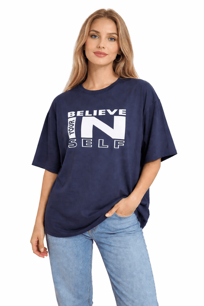 Bamboo Fabric Gen Z Oversized Printed T-Shirt – Soft Streetwear – Womens T-Shirt on Brown Living™. SKU: W-BELIEVE-OVERSIZ-NVY-M. Img 6.