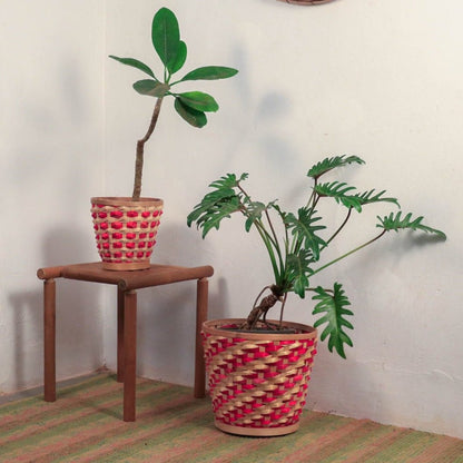 Bamboo Raised Weave Planter - Red - Set of 2 | Verified Sustainable by Brown Living™