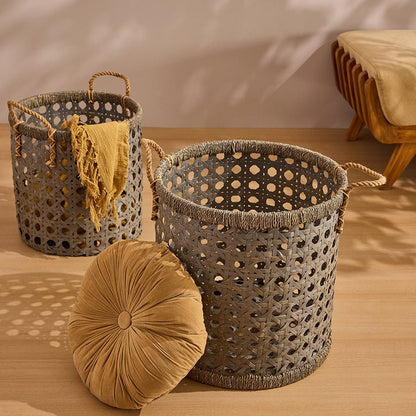 Bamboo Rope Handle Basket | Grey Wash Finish | Handwoven Storage Baske – Baskets & Boxes on Brown Living™. SKU: RattanRopeHandlePlanterGreyWashSmall. Img 2.