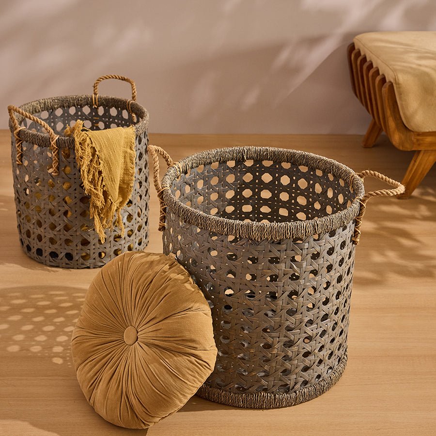 Bamboo Rope Handle Basket | Grey Wash Finish | Handwoven Storage Baske – Baskets & Boxes on Brown Living™. SKU: RattanRopeHandlePlanterGreyWashSmall. Img 2.