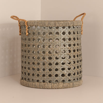 Bamboo Rope Handle Basket | Grey Wash Finish | Handwoven Storage Baske – Baskets & Boxes on Brown Living™. SKU: RattanRopeHandlePlanterGreyWashSmall. Img 3.