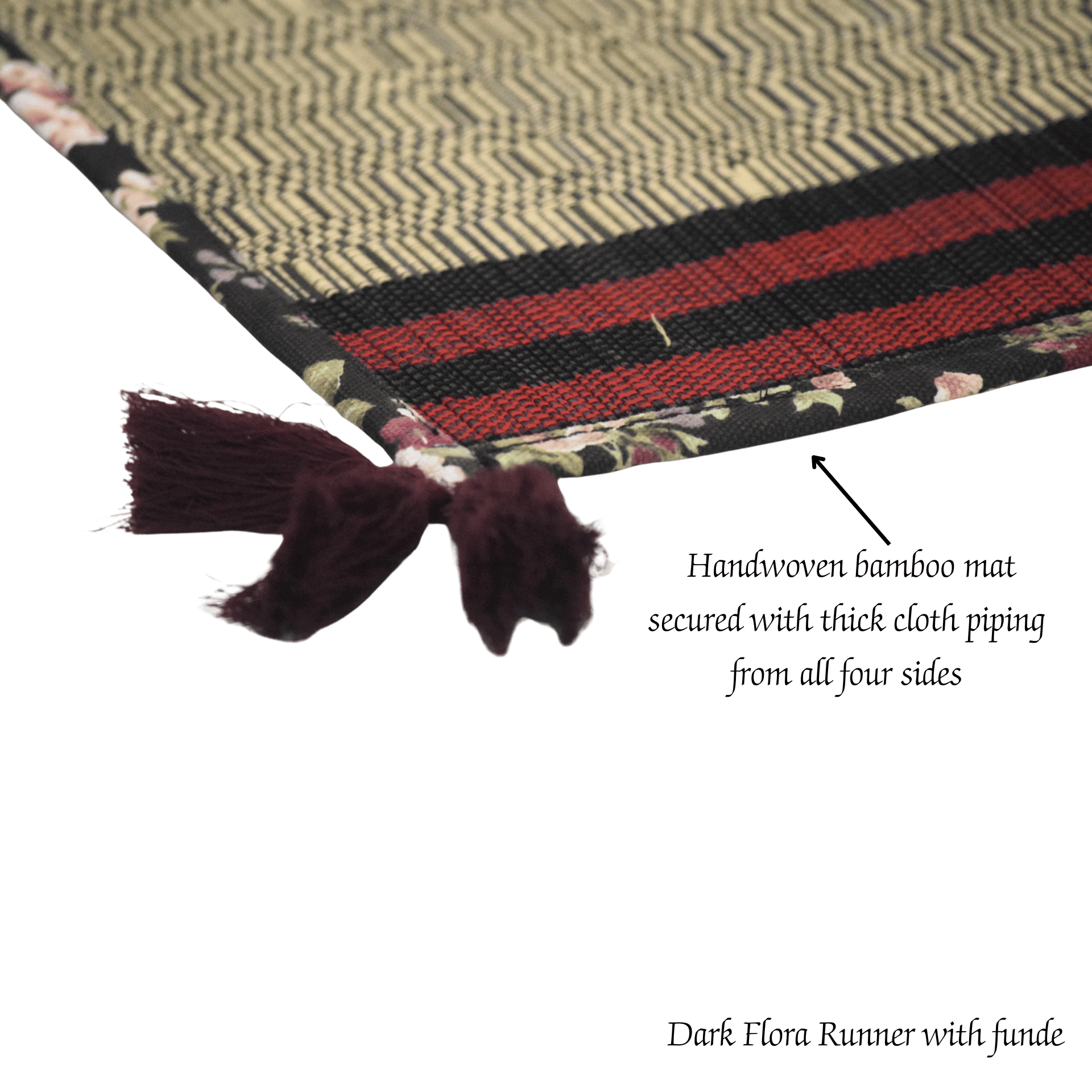 Bamboo Table Runner Floral Canvas Edge with Red Funde Decor – Table Linens on Brown Living™. SKU: SK-TBR-NBL-01-CFL-1. Img 5.