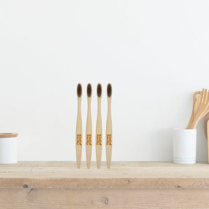 Bamboo Toothbrush Pack of 4 for Adults | With Bamboo Tongue Cleaner – Tooth Brush on Brown Living™. SKU: KOE-016-AD. Img 2.