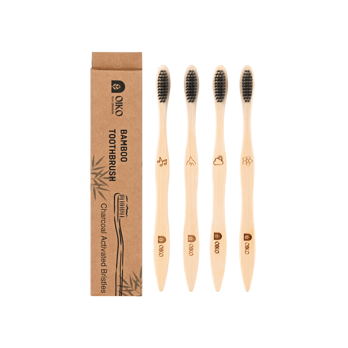 Bamboo Toothbrush with Charcoal Bristles For Adults - Pack of 4 – Tooth Brush by OIKO available on Brown Living™. . SKU: BA/TO/P4. Img 1.