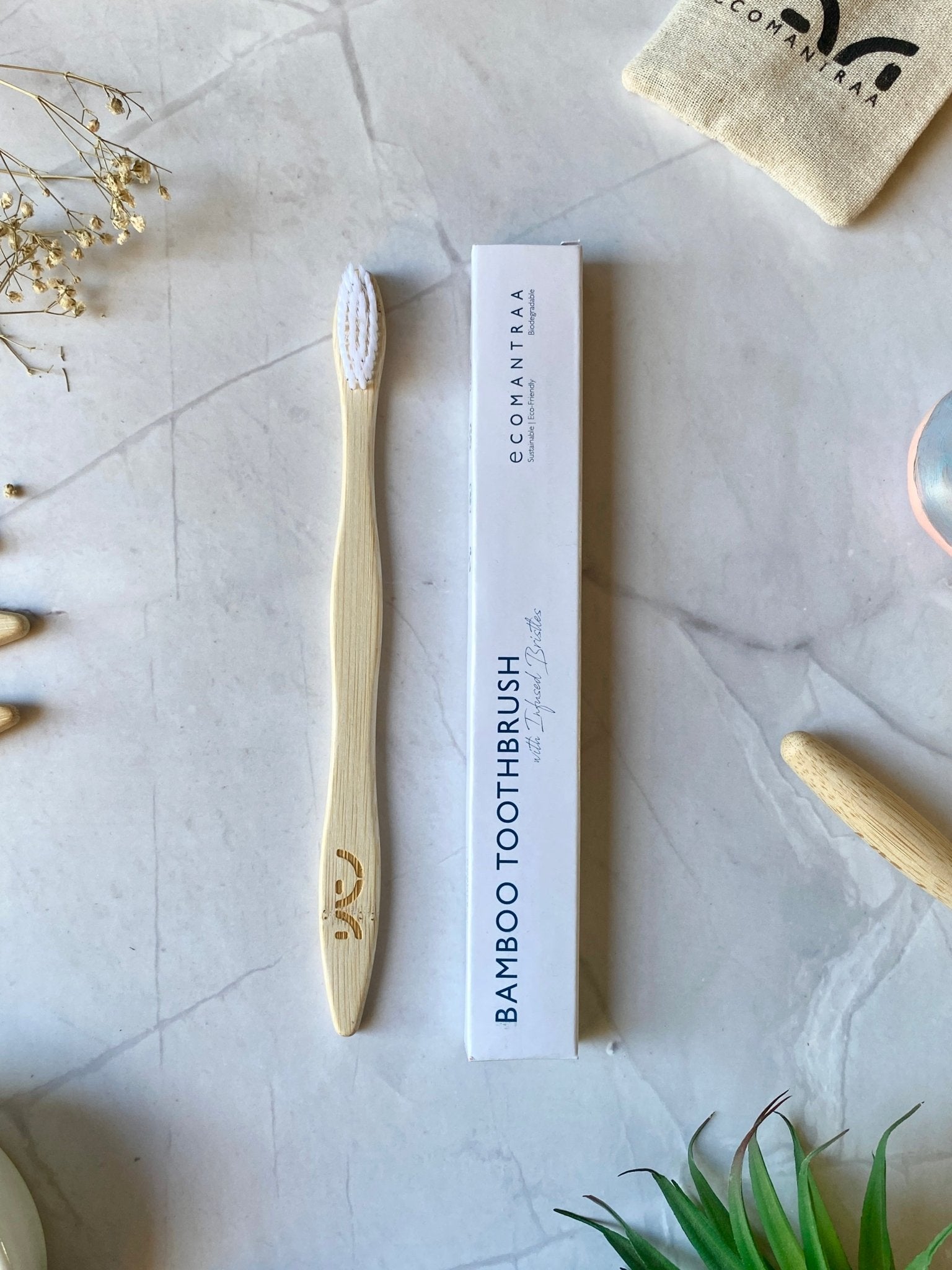 Bamboo Toothbrush with White Bristles – Eco - Friendly & Biodegradable – Oral Care on Brown Living™. SKU: EM0001W. Img 1.