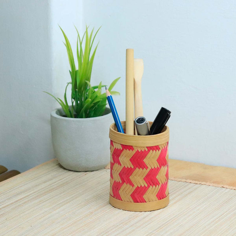 Bamboo Weave Pen Stand - Pink | Verified Sustainable by Brown Living™