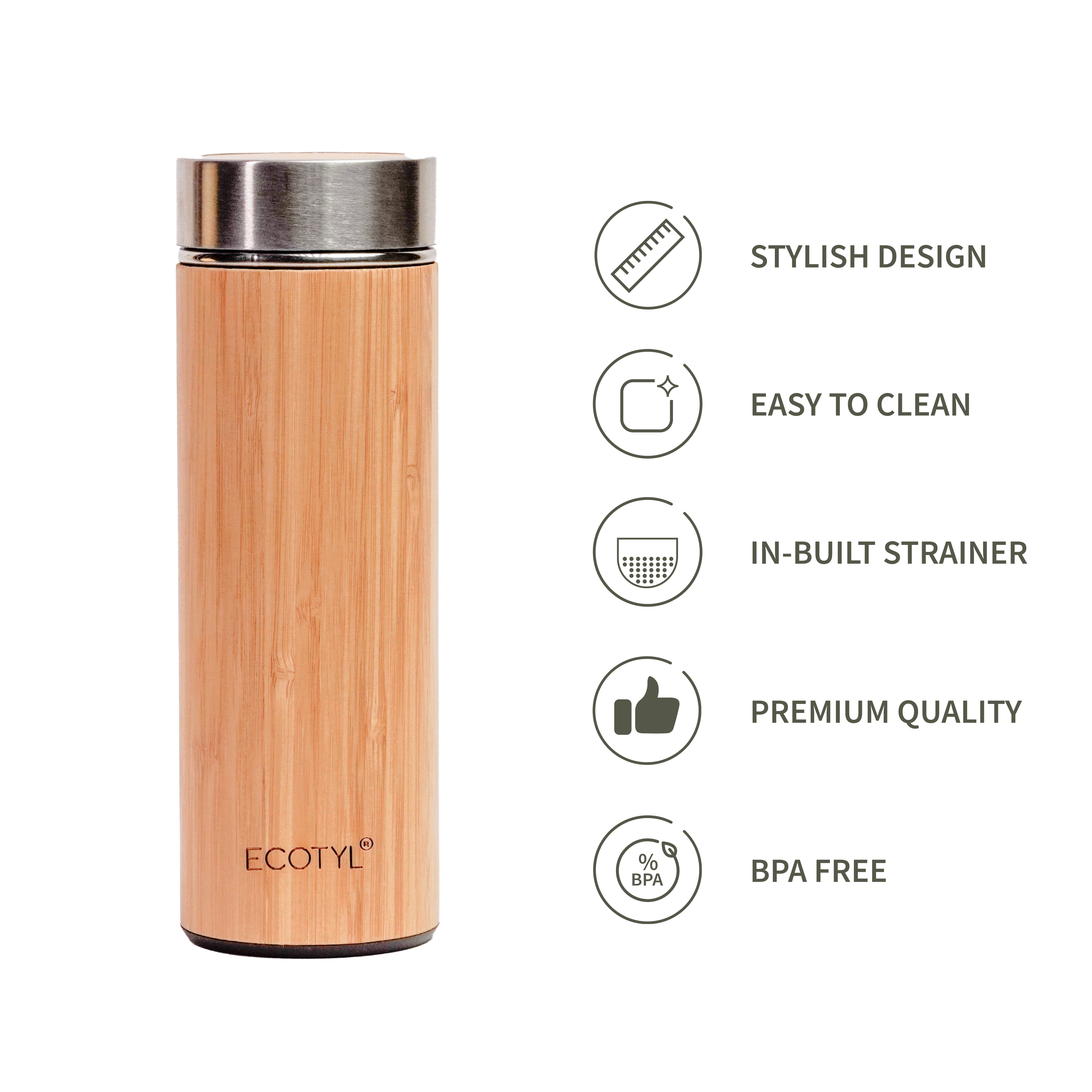 Bamboo Stainless Steel Insulated Flask With Strainer - 450 ml | Verified Sustainable by Brown Living™