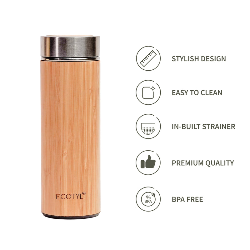 Bamboo Stainless Steel Insulated Flask With Strainer - 450 ml