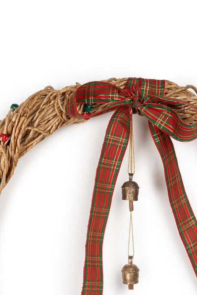 Banana Rope Plaid Bow Bell Wreath | Handcrafted Festive Decor – Home Decor on Brown Living™. SKU: WR-1064. Img 2.