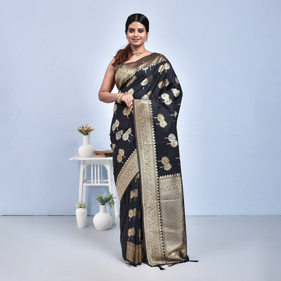 Banaras Katan Semi Silk Saree with Blouse Piece – Womens Saree on Brown Living™. SKU: STR - KAN - BLACK - 01. Img 1.