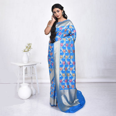 Banaras Katan Semi Silk Saree with Blouse Piece – Womens Saree on Brown Living™. SKU: STR - KAN - BLUE - 10. Img 10.