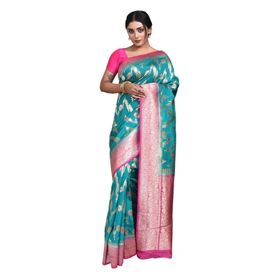 Banaras Katan Semi Silk Saree with Blouse Piece – Womens Saree on Brown Living™. SKU: STR - KAN - DEEPGRN - 07. Img 7.