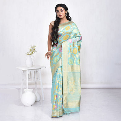Banaras Katan Semi Silk Saree with Blouse Piece – Womens Saree on Brown Living™. SKU: STR - KAN - LIGGRN - 08. Img 8.
