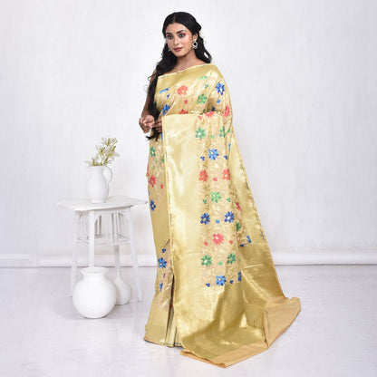 Banaras Katan Semi Silk Saree with Blouse Piece – Womens Saree on Brown Living™. SKU: STR - KAN - OFFWHIMULT - 09. Img 9.