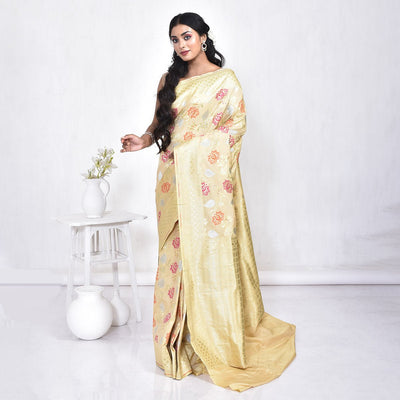 Banaras Katan Semi Silk Saree with Blouse Piece – Womens Saree on Brown Living™. SKU: STR - KAN - OFFWHITE - 11. Img 11.