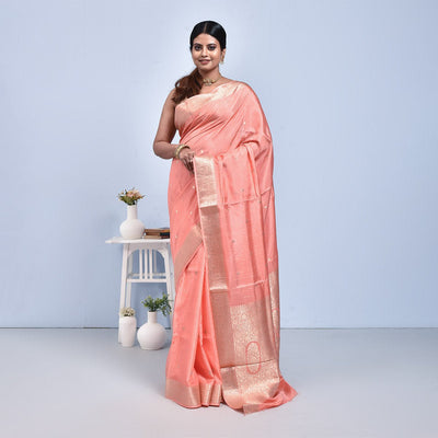 Banaras Katan Semi Silk Saree with Blouse Piece – Womens Saree on Brown Living™. SKU: STR - KAN - PEACH - 04. Img 4.