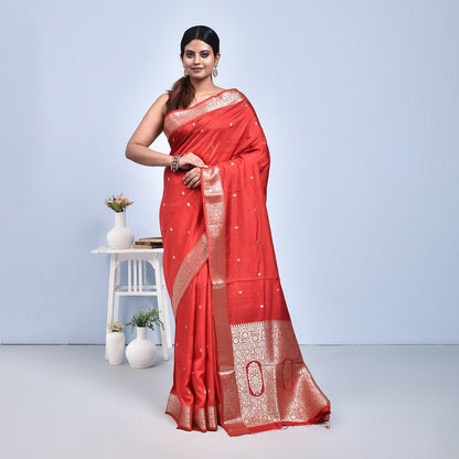 Banaras Katan Semi Silk Saree with Blouse Piece – Womens Saree on Brown Living™. SKU: STR - KAN - REDBUT - 13. Img 13.