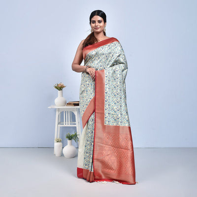Banaras Katan Semi Silk Saree with Blouse Piece – Womens Saree on Brown Living™. SKU: STR - KAN - WHIJAM - 14. Img 14.