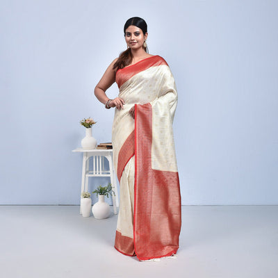 Banaras Katan Semi Silk Saree with Blouse Piece – Womens Saree on Brown Living™. SKU: STR - KAN - WHITE - 06. Img 6.