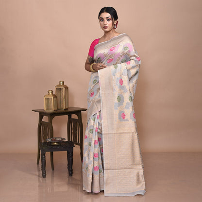 Banaras Kora Silk Saree with Blouse Piece – Womens Saree on Brown Living™. SKU: STR - GREY - FLO - 09. Img 9.