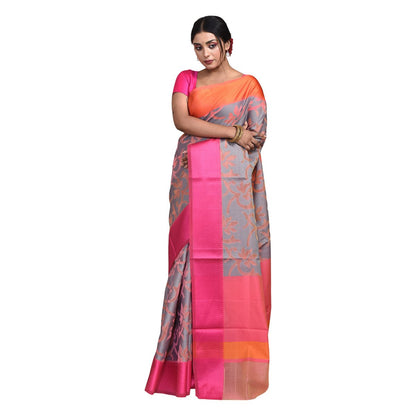 Banaras Kora Silk Saree with Blouse Piece – Womens Saree on Brown Living™. SKU: STR - GREYPINK - FLO - 06. Img 6.