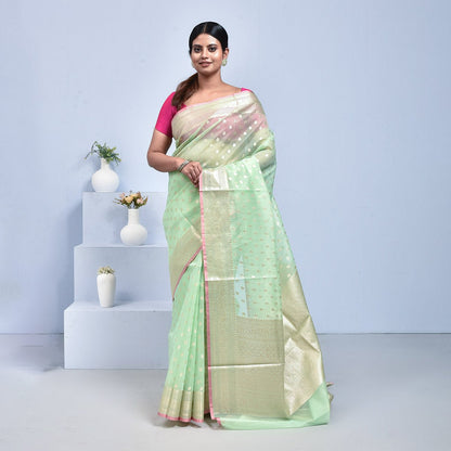 Banaras Kora Silk Saree with Blouse Piece – Womens Saree on Brown Living™. SKU: STR - LIGGREEN - BUT - 14. Img 14.