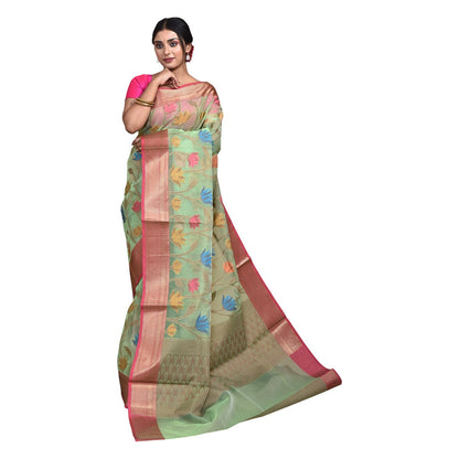 Banaras Kora Silk Saree with Blouse Piece – Womens Saree on Brown Living™. SKU: STR - LIGGREEN - FLO - 08. Img 8.