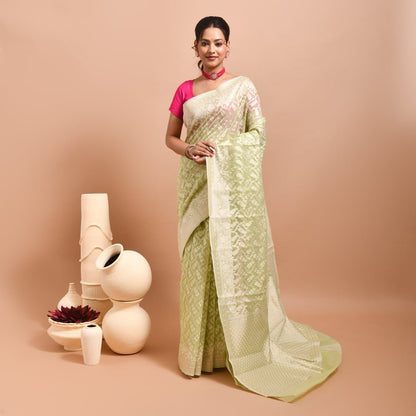Banaras Kora Silk Saree with Blouse Piece – Womens Saree on Brown Living™. SKU: STR - LIGGREEN - LEAF - 02. Img 2.
